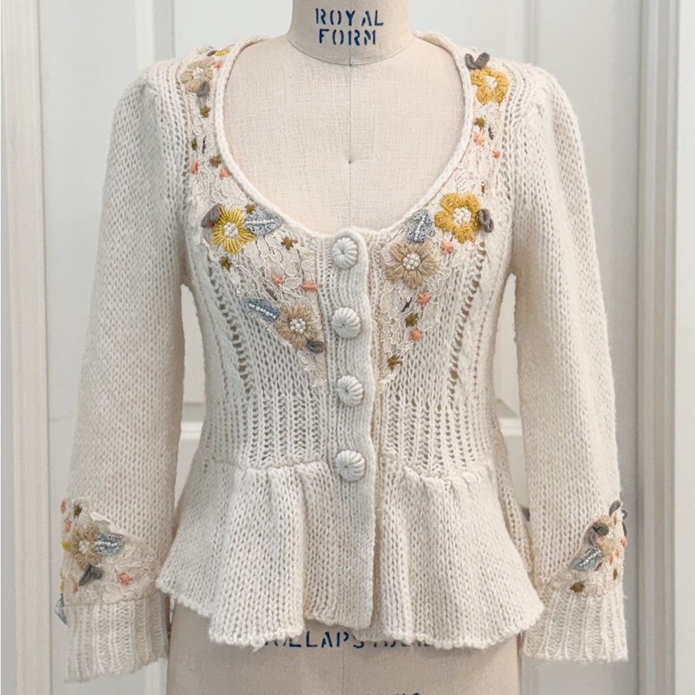 ANTHROPOLGIE lace crochet embroidered beaded cardigan by Knitted & Knotted Small